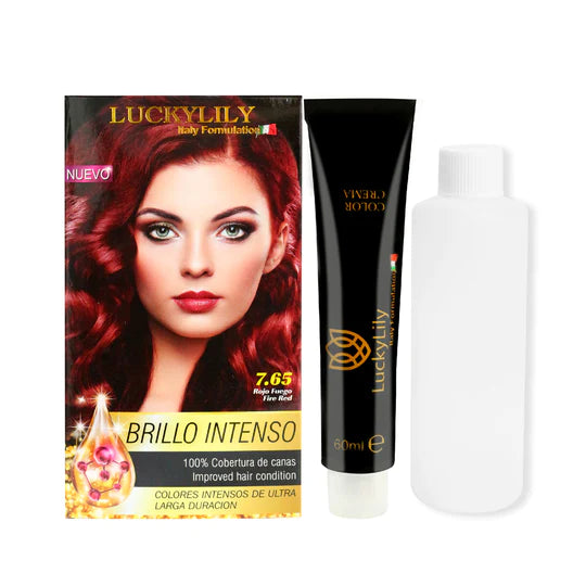 Tinte para el Cabello LuckyLily Brillo Intenso #7.65 Rojo Fuego (24pz)